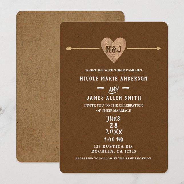Invitation Mariage Bois Rustique Brun Kraft Cœur Flèche (Devant / Derrière)