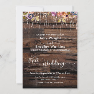 Invitation Mariage Bois Rustique, Guirlandes Lumineuses & Fle