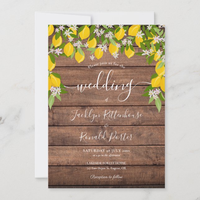 Invitation Mariage Bois Rustique Verdure Citrons (Devant)