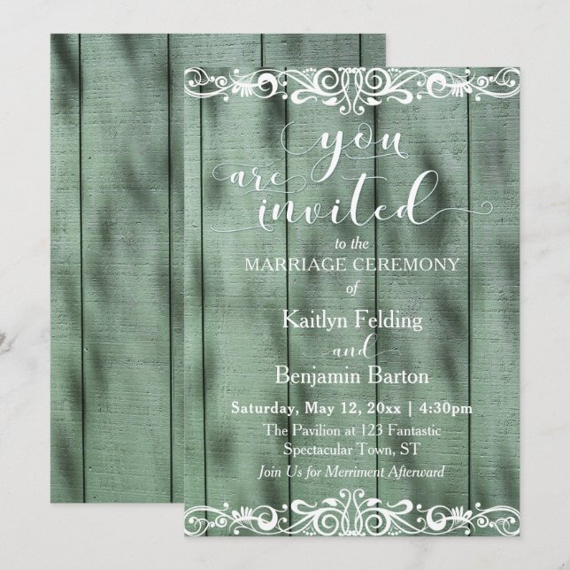 Invitation Mariage Bois Vert Rustique Broderie Blanche (Devant / Derrière)
