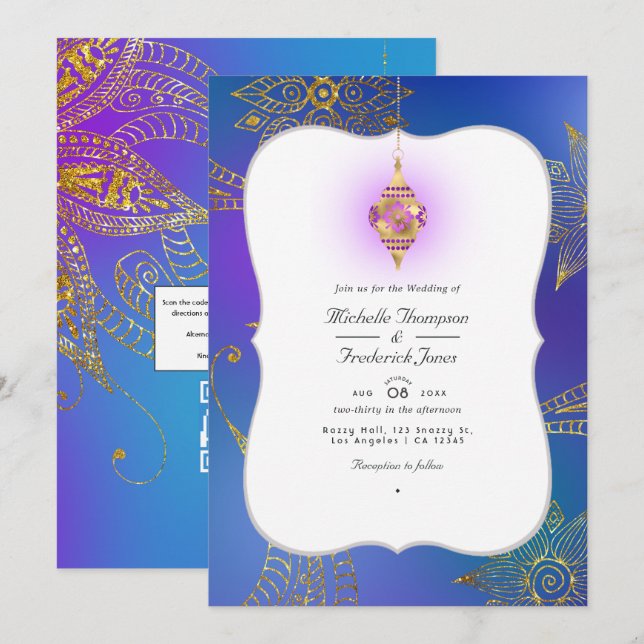 Invitation Mariage Bollywood Arabe feuille d'or Code QR RSVP (Devant / Derrière)