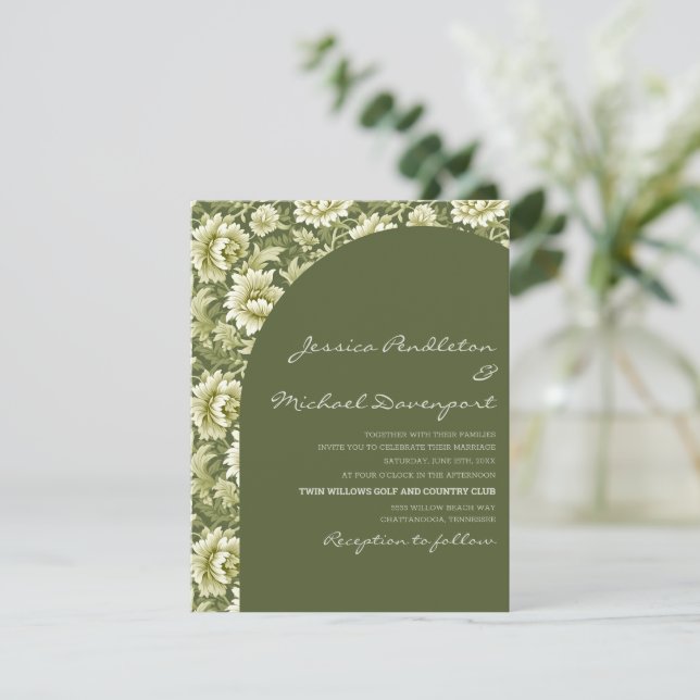 Invitation Mariage botanique à l'arc en vert olive sage Scrip (Debout devant)
