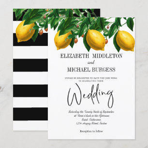 Invitation Mariage botanique à rayures blanches citron
