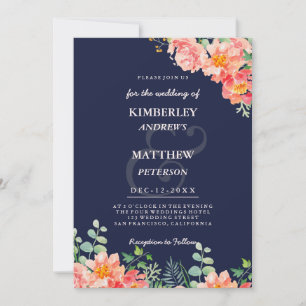 Invitation Mariage botanique aquarelle bleu marine rose corai