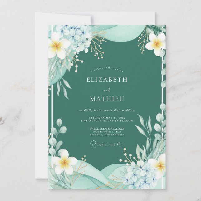 Invitation Mariage Botanique Aquarelle Sarcelle (Devant)