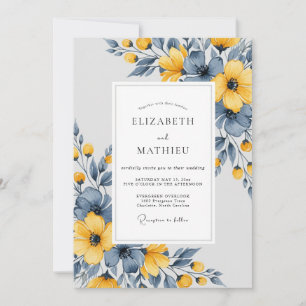 Invitation Mariage Botanique Artistique Bleu Ardoise