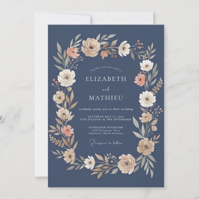 Invitation Mariage Botanique Atmosphérique Bleu Nuit (Devant)