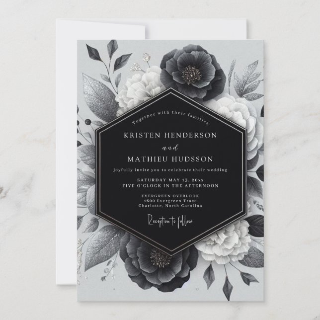 Invitation Mariage Botanique au Charbon Romantique (Devant)
