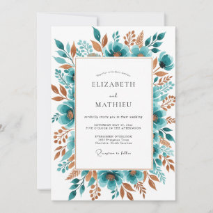 Invitation Mariage botanique automnal à fleurs bleu-vert