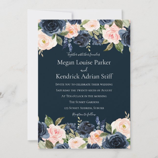 Invitation Mariage botanique blanc bleu profond de la Marine (Devant)