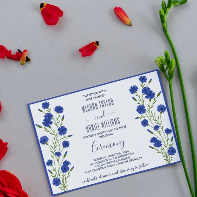 Invitation Mariage botanique bleu de Cornflower (Créateur téléchargé)