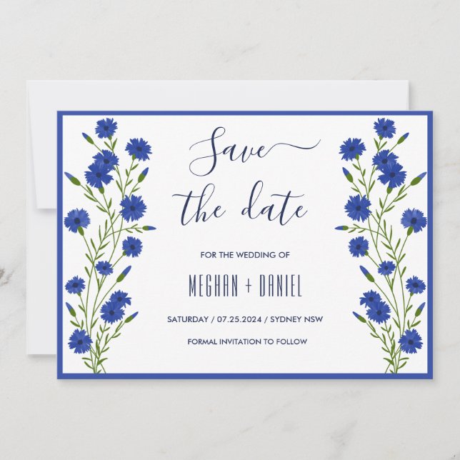 Invitation Mariage botanique bleu de Cornflower Date de sauve (Devant)