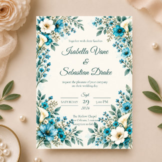 Invitation Mariage Botanique Bleu Élégant