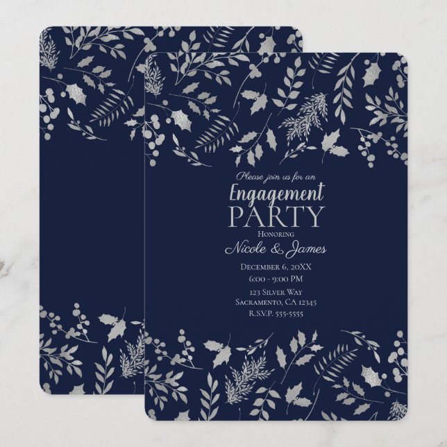 Invitation Mariage botanique bleu et argent en hiver (Devant / Derrière)
