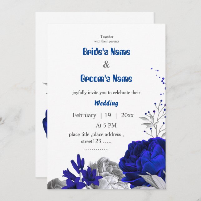 Invitation mariage botanique bleu et argent royal (Devant / Derrière)
