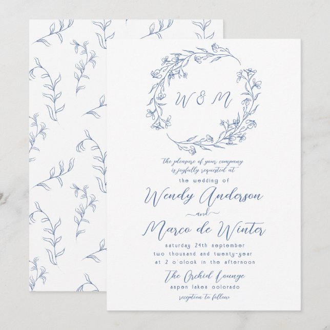 Invitation Mariage botanique bleu et blanc minimal (Devant / Derrière)