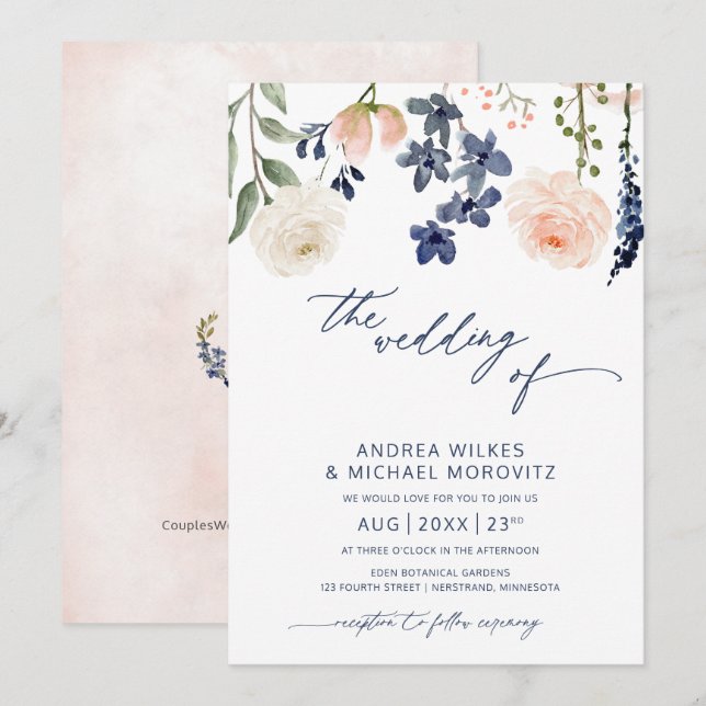 Invitation Mariage botanique bleu et bracelet (Devant / Derrière)