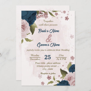 Invitation mariage botanique bleu marine rose