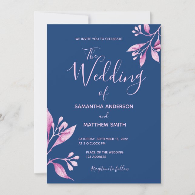 Invitation Mariage botanique bleu marine rose pâle (Devant)