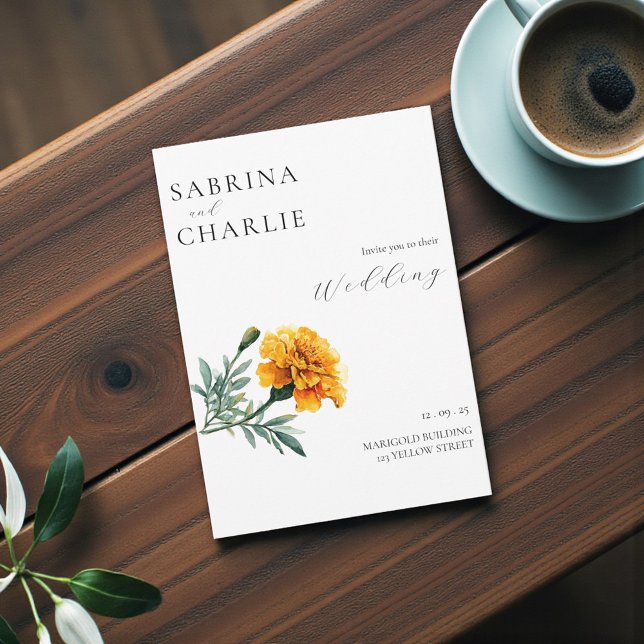 Invitation Mariage Botanique Bohème Fleur d'Oranger Jaune  (Orange Yellow Marigold Boho Botanical Wedding Invitation)