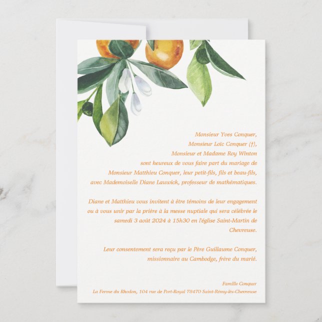 Invitation Mariage botanique chic agrus orange (Devant)