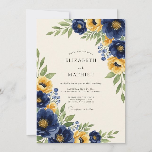 Invitation Mariage Botanique Classique Jaune et Marine (Devant)