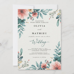 Invitation Mariage botanique corail et Turquoise