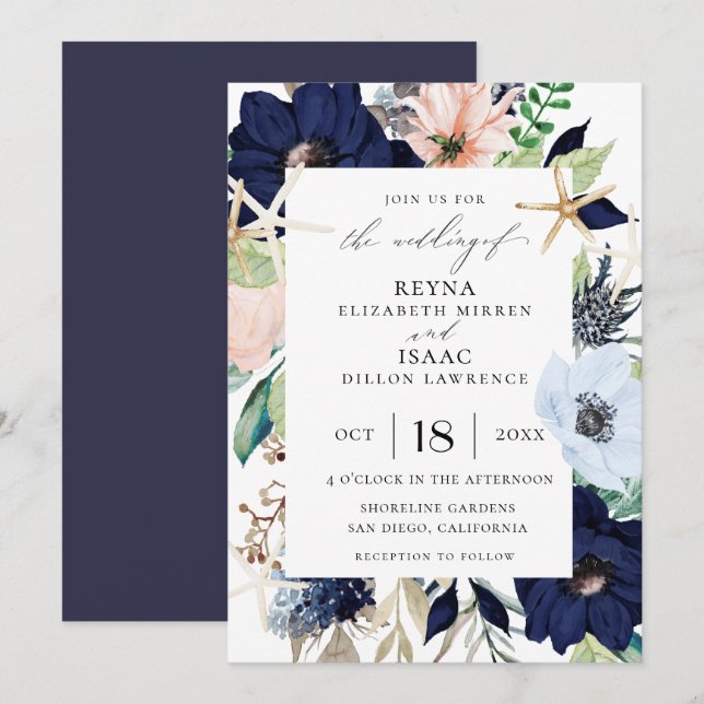 Invitation Mariage botanique de bord de la mer (Devant / Derrière)