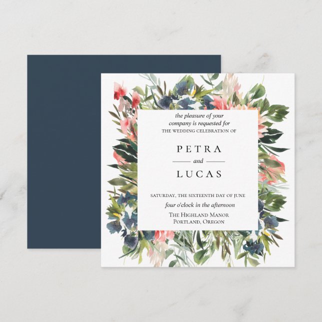 Invitation Mariage botanique de corail de la Marine (Devant / Derrière)