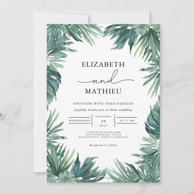 Invitation Mariage botanique de feuilles verdoyantes (Devant)