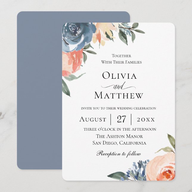 Invitation Mariage botanique de Pêche Bleu Ardoise (Devant / Derrière)