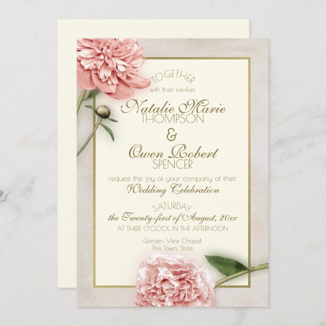 Invitation Mariage botanique de Pink Peony (Devant / Derrière)
