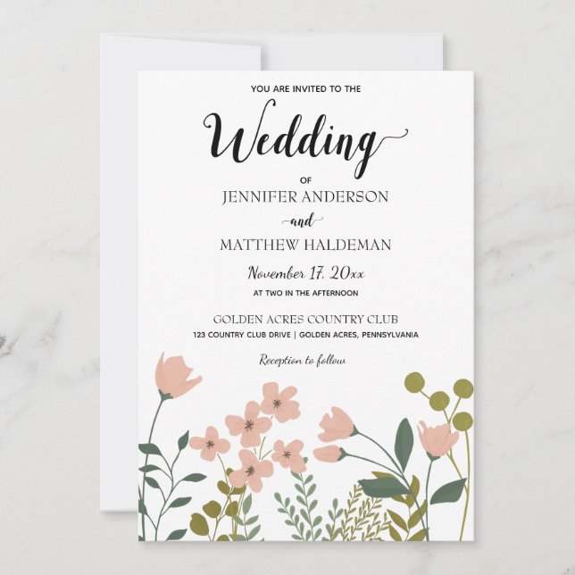 Invitation Mariage Botanique de Printemps Rose Pâle (Devant)
