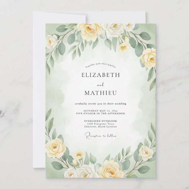 Invitation Mariage Botanique Délicat Jaune Pâle (Devant)