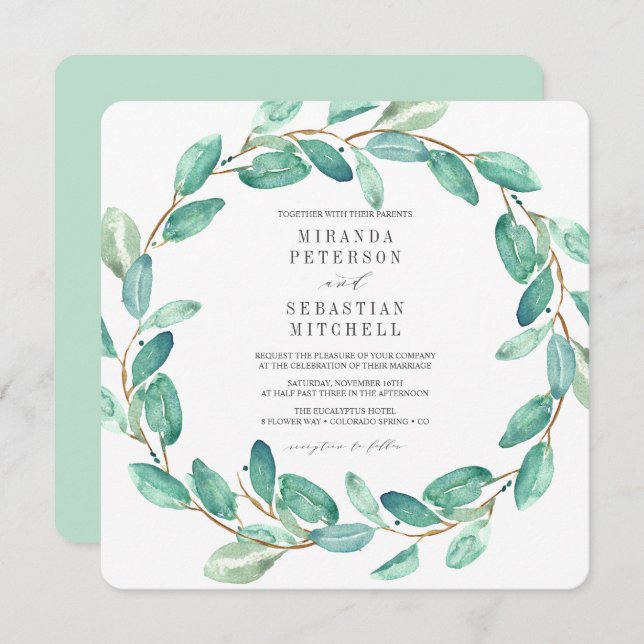 Invitation Mariage botanique des Feuilles d'Eucalyptus frais (Devant / Derrière)