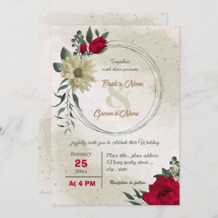Invitation mariage botanique des fleurs jaune pâle rouge
