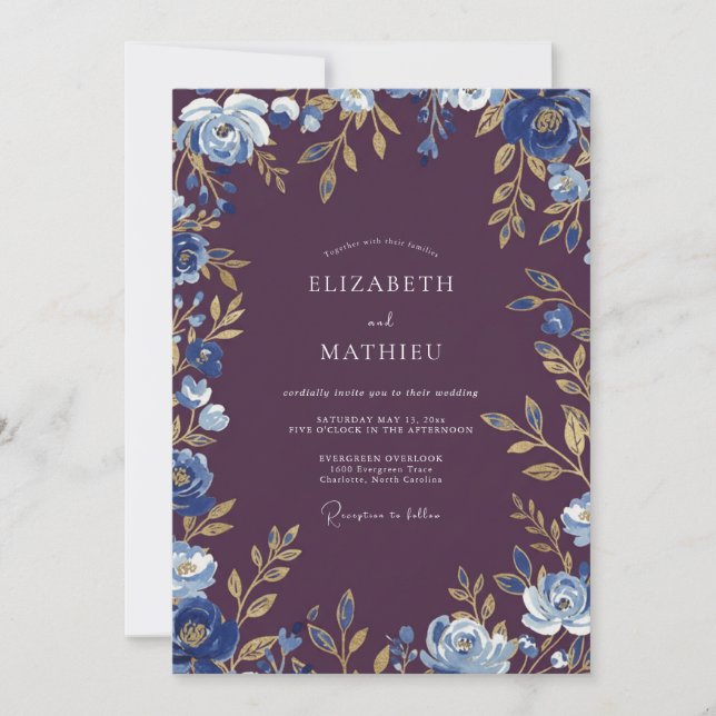 Invitation Mariage Botanique Doré aux Prunes (Devant)