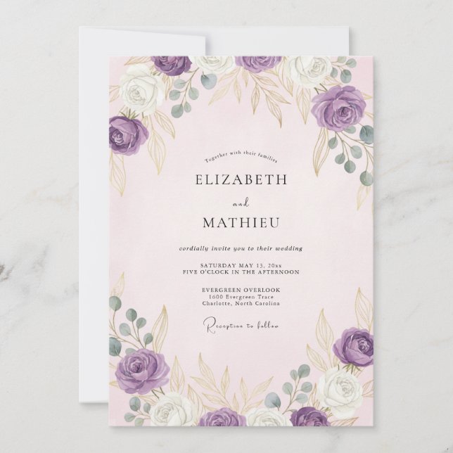 Invitation Mariage Botanique Doré Lavande (Devant)