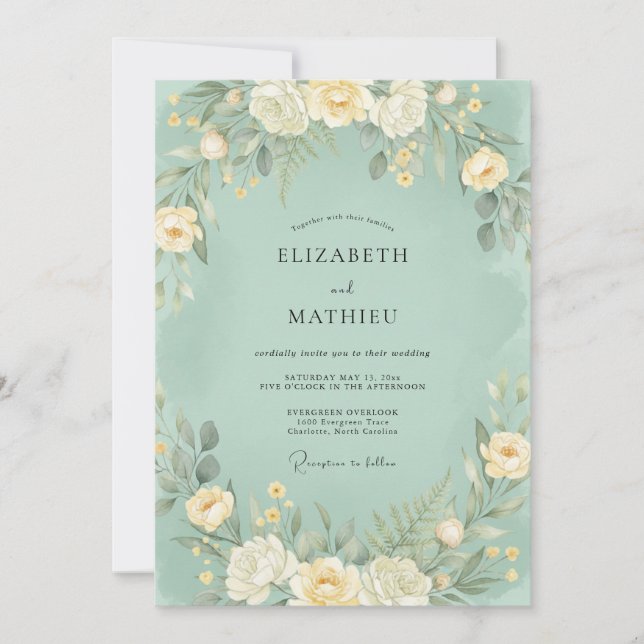 Invitation Mariage Botanique Douce Vert Menthe (Devant)