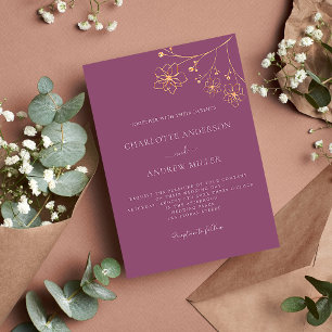 Invitation Mariage botanique élégant aux fleurs dorées et vio