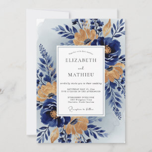 Invitation Mariage Botanique Élégant Bleu Nuit