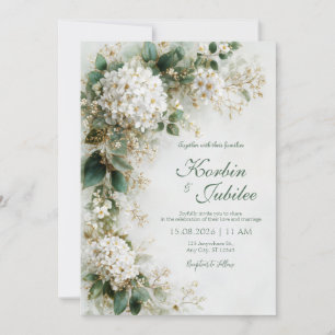 Invitation Mariage Botanique Élégant Hydrangea Blanc Or