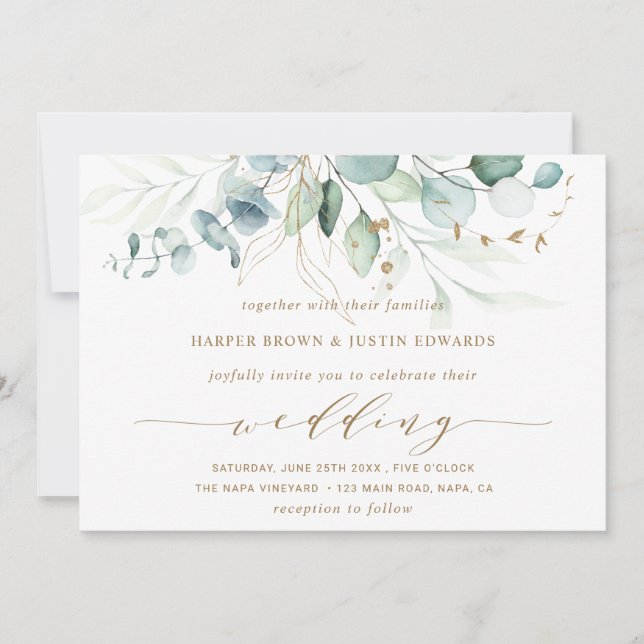 Invitation Mariage botanique élégant or et vert (Devant)