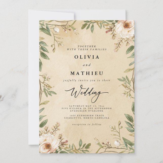 Invitation Mariage botanique en fleurs rustiques (Devant)