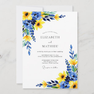 Invitation Mariage Botanique Ensoleillé Bleu de Cobalt
