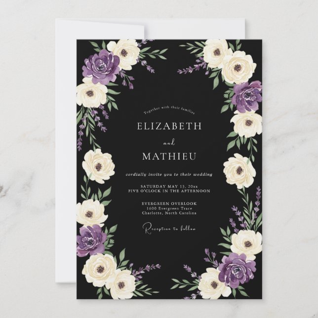 Invitation Mariage Botanique Fantaisie Crème Violette (Devant)