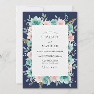 Invitation Mariage Botanique Fantaisiste Bleu Nuit