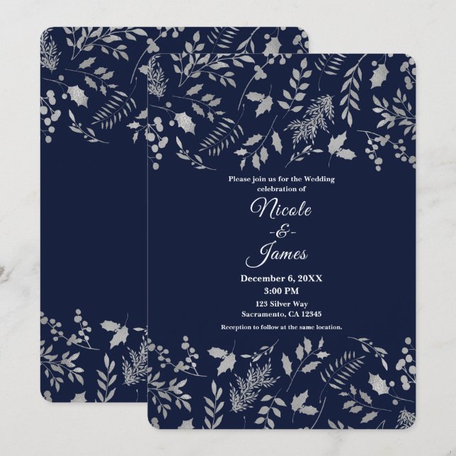 Invitation Mariage Botanique Feuille Bleu et Argent d'hiver (Devant / Derrière)