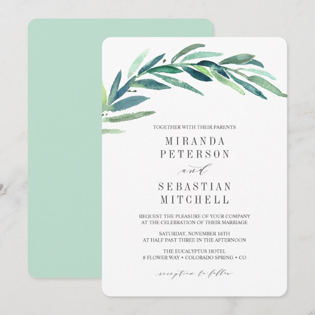 Invitation Mariage botanique Feuille de la branche Eucalyptus (Devant / Derrière)