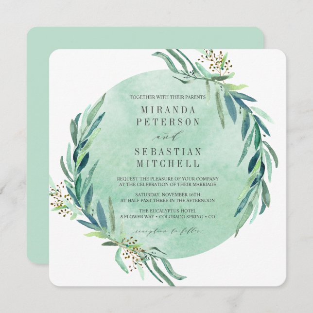 Invitation Mariage botanique Feuille d'Eucalyptus frais (Devant / Derrière)